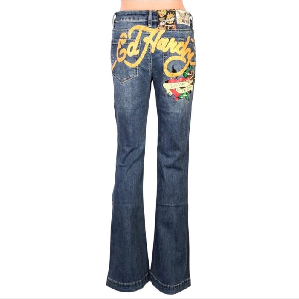 Ed Hardy Flare Leg Multi Color Embroidery Blue Jeans Love Eternal Size 32 34 New